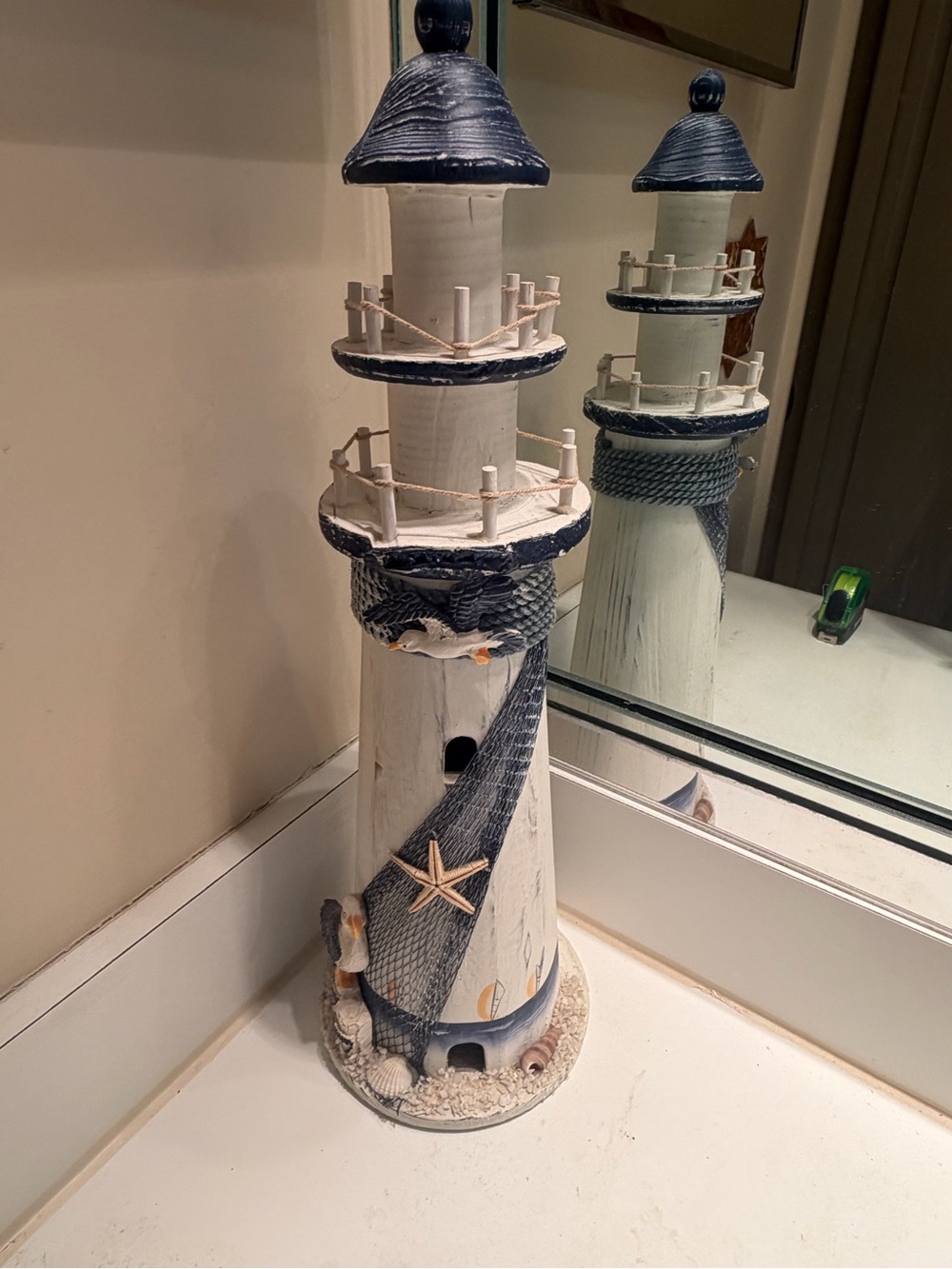 Coastal White and Navy Lighthouse Decor Accent